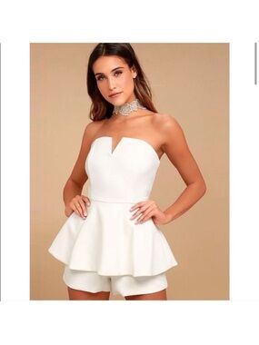 Strapless White Peplum Romper Dress
